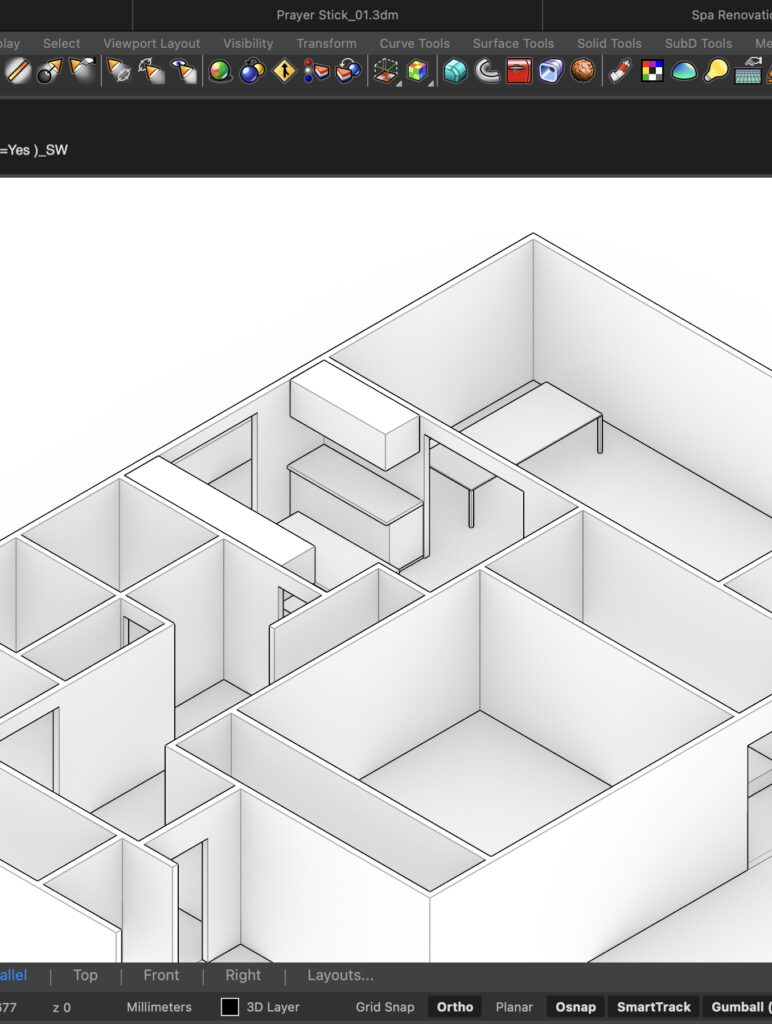 3D architectural modeling in progress using advanced design software, highlighting modern techniques for residential layout planning. This rendering showcases precise floor plans and spatial organization, ideal for parametric design enthusiasts and bespoke architectural projects